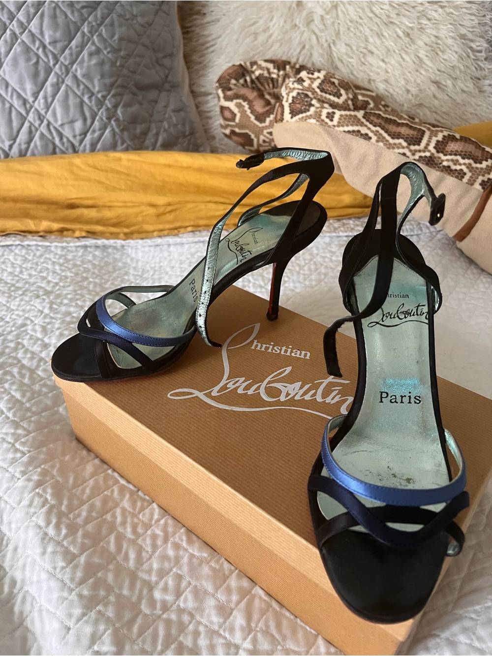 Christian Louboutin Black and Blue Strappy Stiletto Sandals